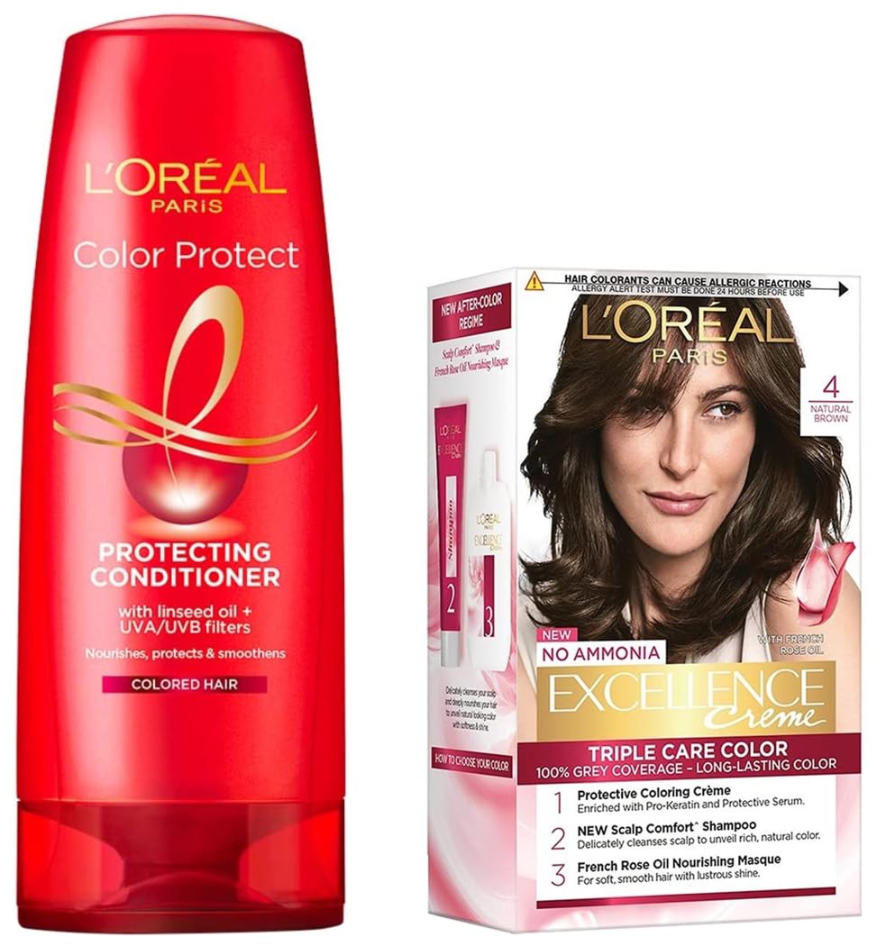 Excellence Creme Hair Color, 4 Natural Brown/Natural Dark Brown, 72ml+100g & Color Protect Conditioner, 192.5ml (175ml+17.5ml)