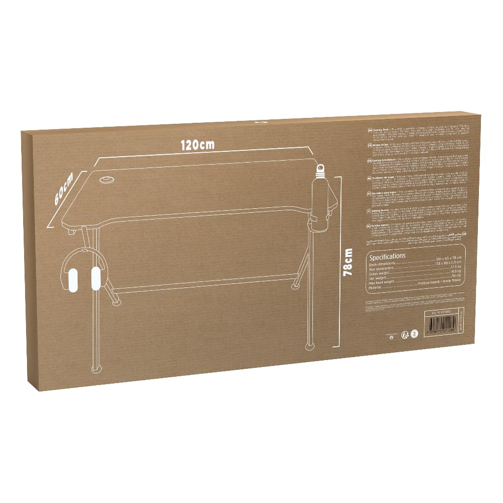 Konix Scrivania gaming Fenris 120 x 60 x 78 cm a forma di Y - Piano del tavolo in legno e metallo - Portabicchieri - Supporto per cuffie - Nero
