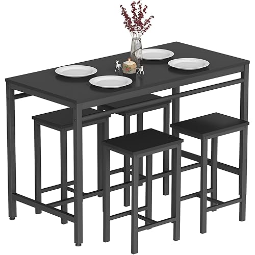 AWQM 5 Piece Bar Table Set, Modern Counter Height Dining Table and Chairs Set for 4, Wood Kitchen Table and 4 Bar Stools for Small Spaces, Apartment, Pub, Dining Room (Black)