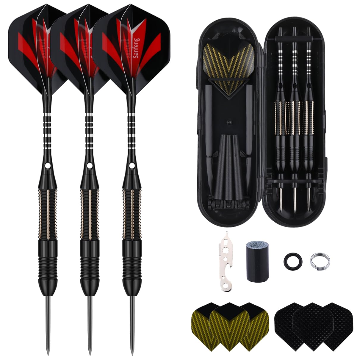 sanfeng Premium Steel Tip Darts Set 26 Grams – 3 Pack Brass Barrels With Aluminum Shafts, Darts Stems, Flights, 50 Rubber O-Rings, 12 Spring Rings & Dart Sharpener for Dartboard