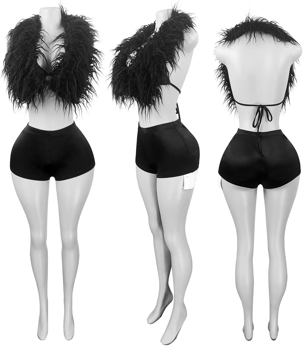 Sexy Two Piece Outfits for Women Birthday Party Date Night Faxu Fur Crop Top Satin Hot Shorts Sets Clubwear - Image 5