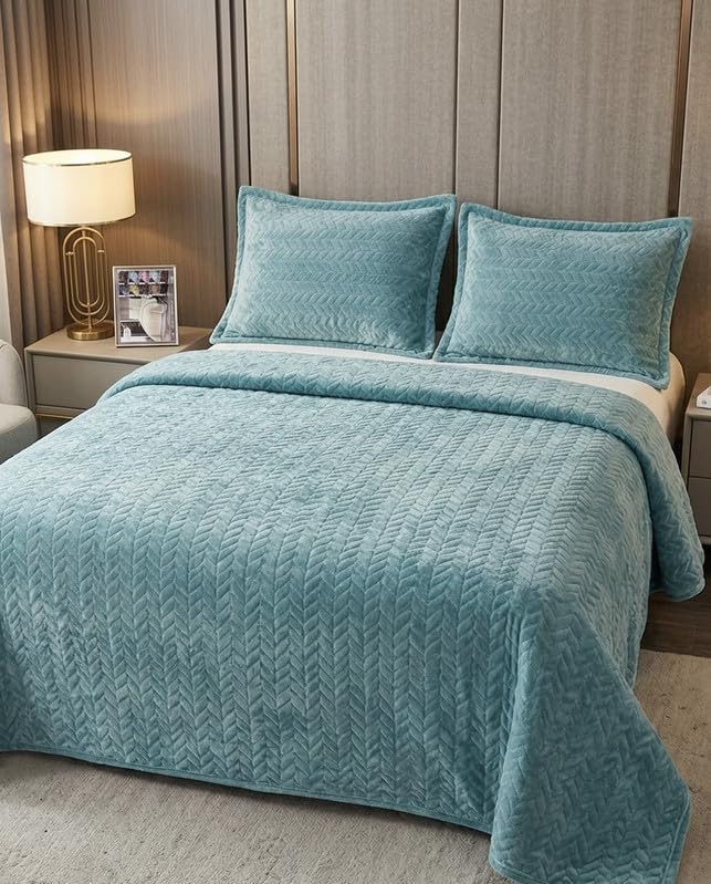 Bedspread Velvet 3 Piece Set | Quilted Soft Touch Bed Cover with 2 Pillow Covers | King Size Blue Chevron Quilted Pattern | Embossed Pattern Luxury Bedding Set-picture-19
