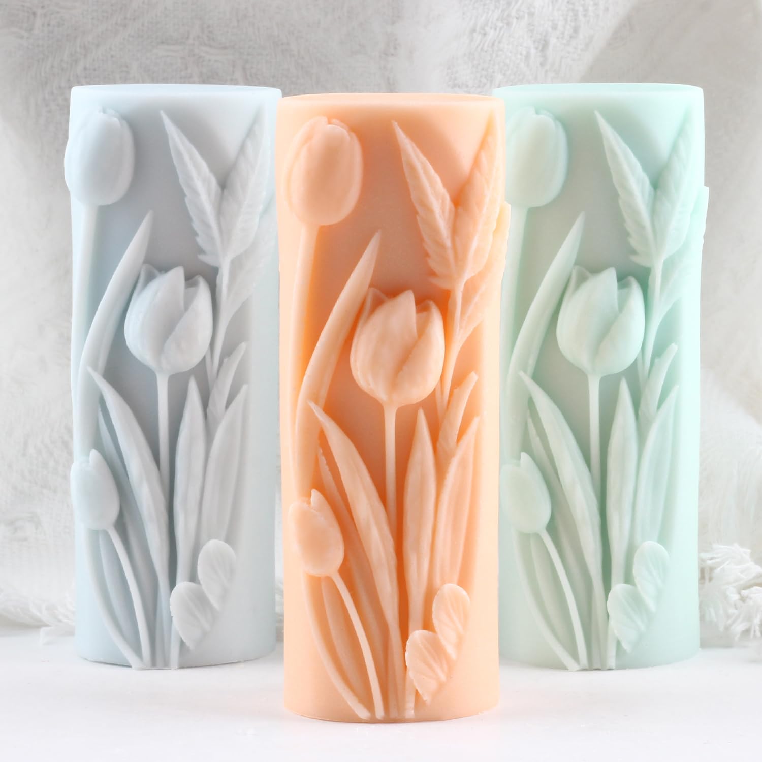 XIAOSHUI Tulip Flower Cylinder Candle Mould Tulip Flower Silicone Candle Moulds Flowers Pillar Resin Casting Mould for Candles Home Decorate Moulds Candles Making Aromatherapy Gypsum Clay Craft - Image 3