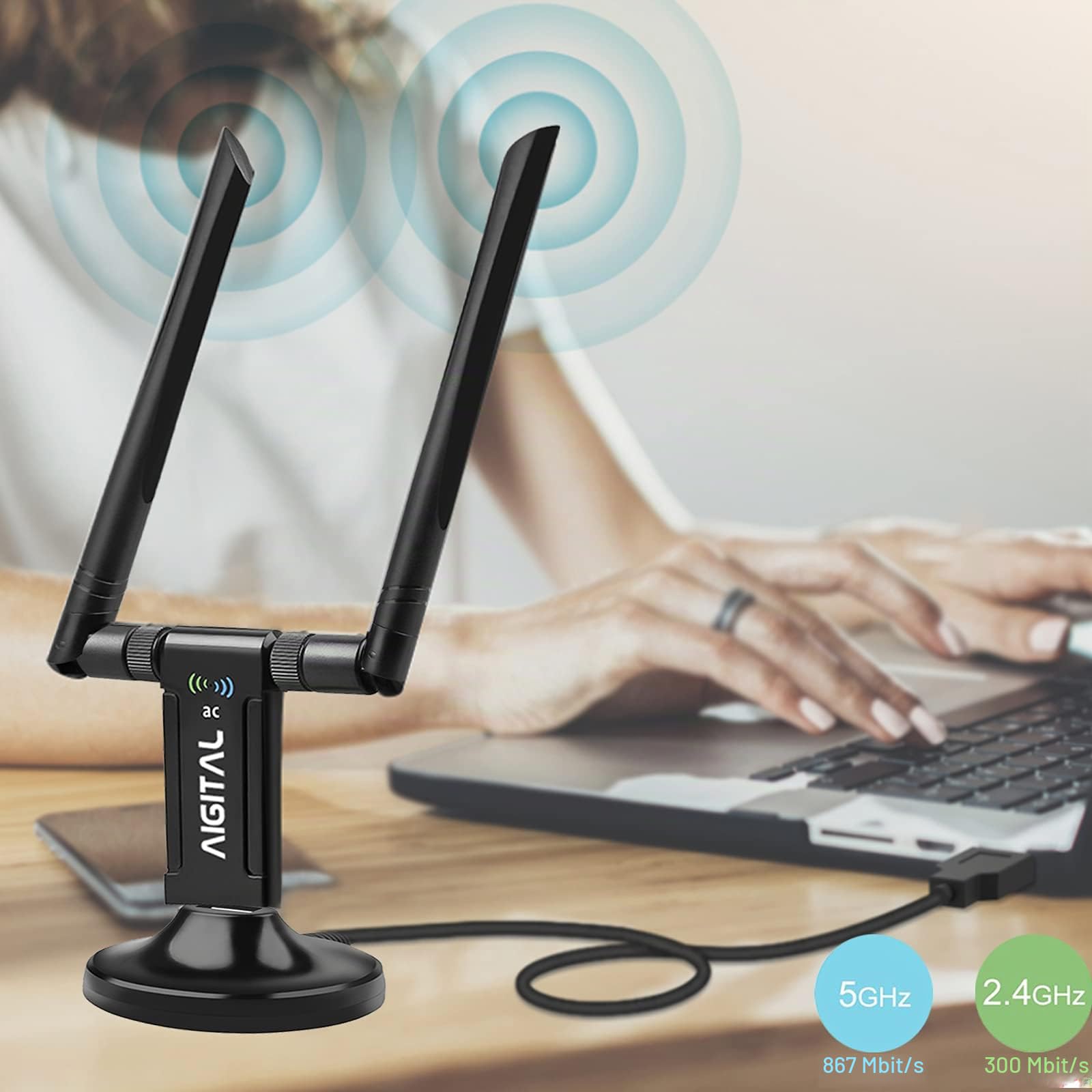 Clé WiFi AC1200Mbps, Dongle WiFi, WiFi USB, Adaptateur USB WiFi puissante avec Un Socle USB 3.0 et Un Câble d'Extension de 65cm Garantie 2 Ans, Compatible avec Windows 10/8.1/8/7 et macOS pour PC