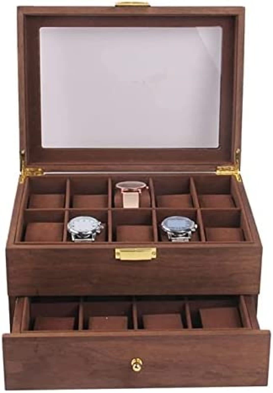 YNBSHGAA 2 Layer Vintage Wood 20 Slots Watch Storage Box Organizer Clear Lid Lockable Jewellery Display Case,Red Brown,29X21.5X15cm,Coffee Color-29X21.5X15cm