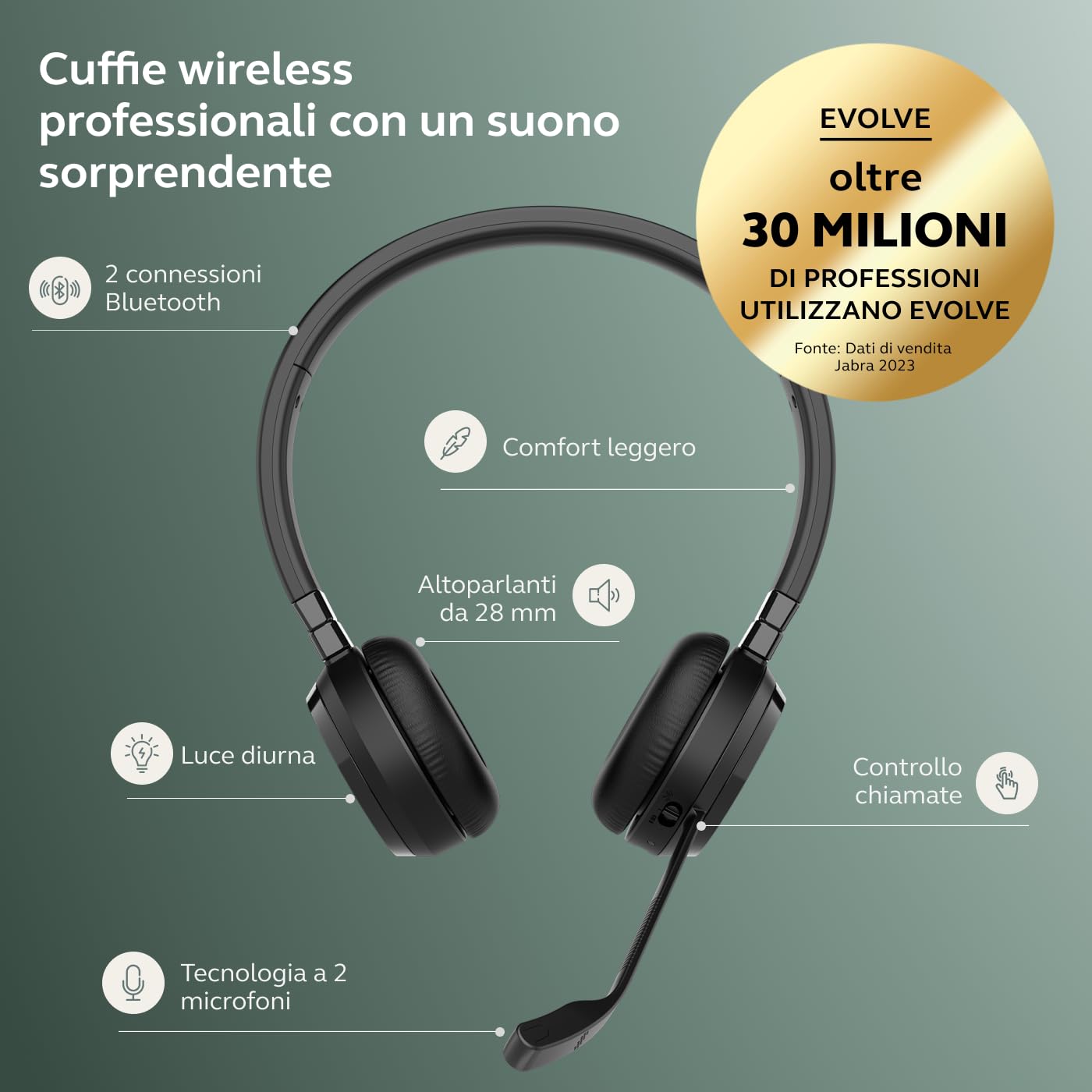 Jabra Evolve 65 TE cuffie stereo wireless certificate Microsoft Teams, portata 30 metri, batteria 12 ore, USB-A, doppia connettività - Nero