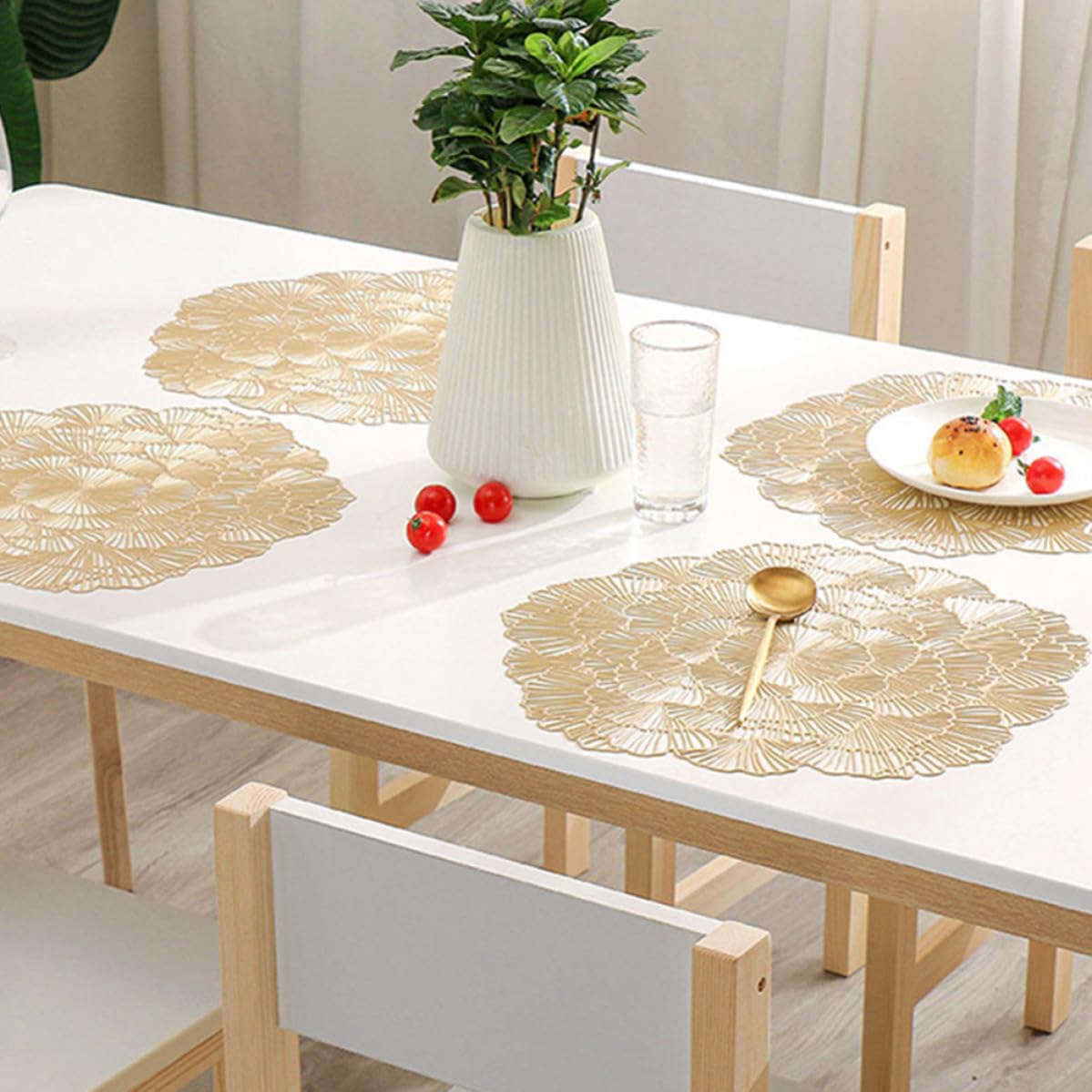 12 Pezzi Tovaglietta Pvc a Foglia di Ginkgo Oro, Design Traforato