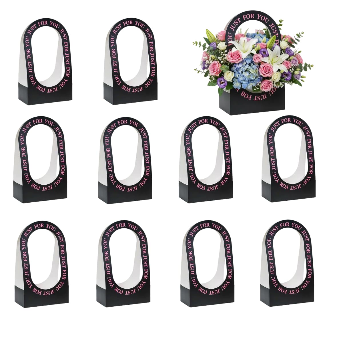 10Pcs Cardboard Flower Box with Handle Floral Gift Boxes with Handles Portable Bouquet Packaging for Florist (Black)