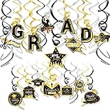 Decoración de Fiesta de Graduación de 2022: obtendrás 30 Piezas Negro y Dorado Remolino de Colgante de Congrats Grad Graduación, incluye 16 Piezas Serpentinas de Techo con recortes para fiesta de graduación y 14 Piezas Serpentinas de Techo de Papel de Aluminio, doradas y plateadas sin recortes.