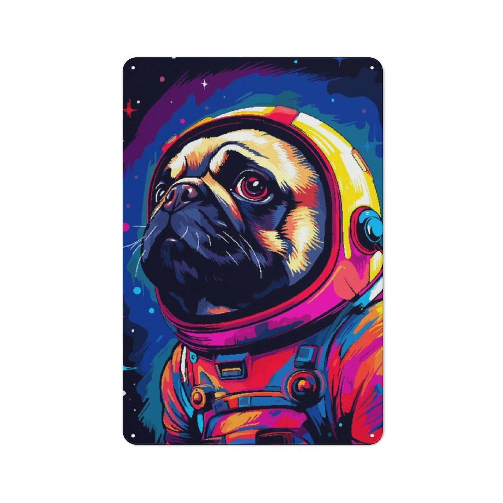 Junmoney Pug Spaceman Pixel Art Vintage Metal Plaque 30X20cm For Workshop Wall, For Kitchen And Home Bar Decor, For Home Office And Studio Walls