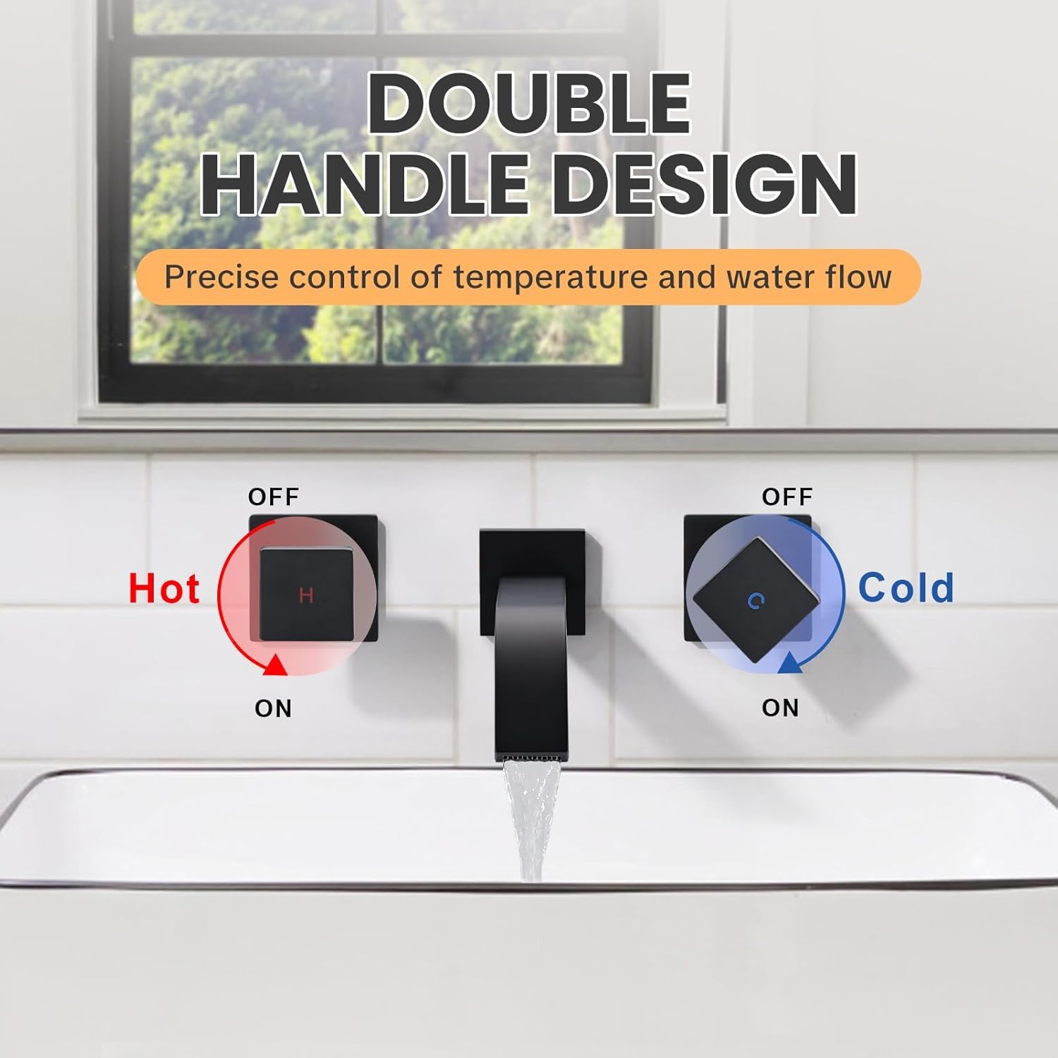 Wall-Mounted Bathroom Sink Faucet: ALEASHA Matte Black Waterfall Bathroom Faucet with Two Handles, Bathroom Sink Faucet Made with Solid Brass, Wall Mounted Washroom Faucets and Rough-in Valve