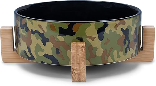 Miniatura 9 de NAT & Jules - Cuenco pequeño de cerámica y madera para mascotas con soporte de 6 pulgadas, color blanco Blanco,Blanco y negro Pawprint,Camuflaje