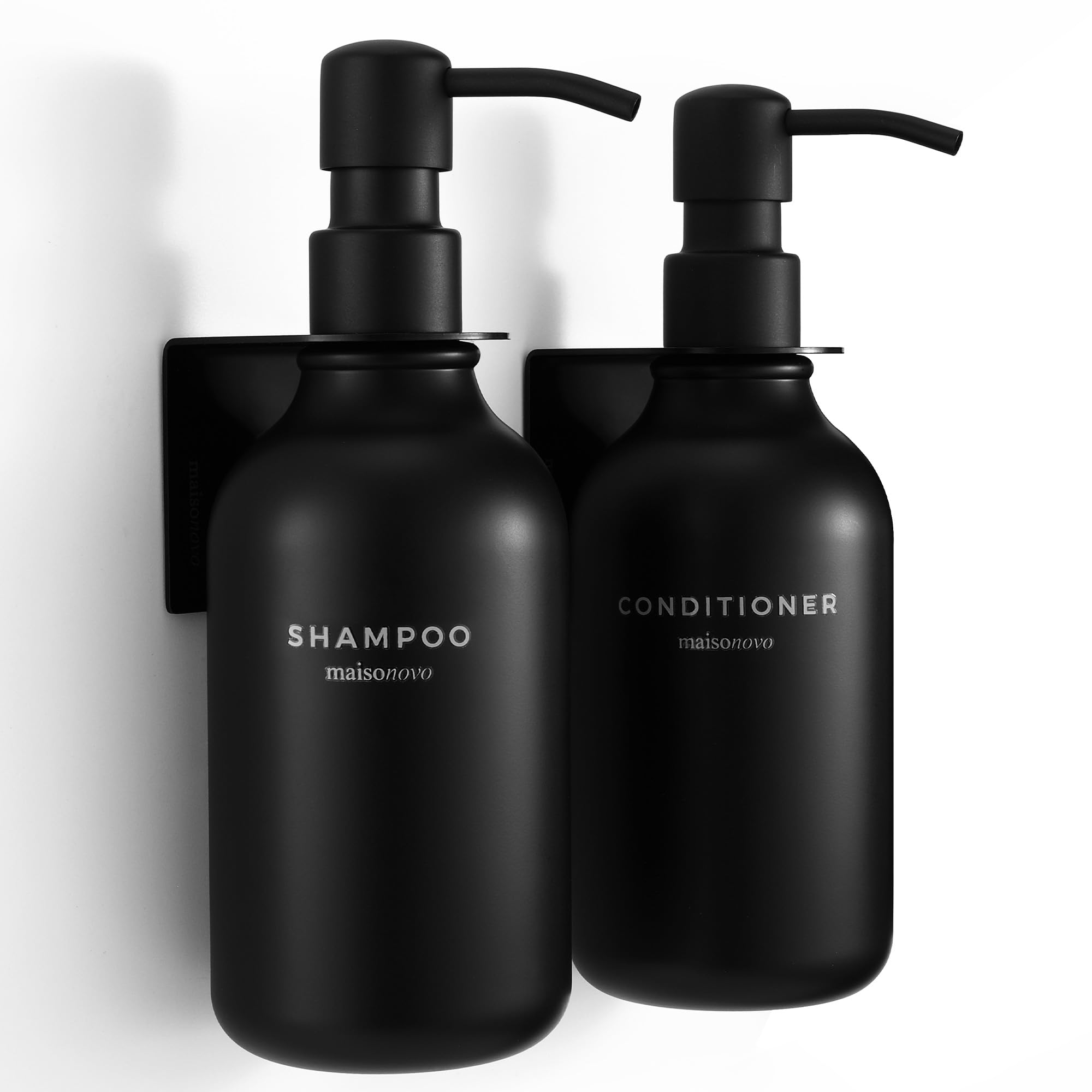 Shampoo and Conditioner Dispenser Wall Mounted Set of 2 Black - No Drill Shower Soap Dispenser for Bathroom Refillable - Spa Hotel Style Accessories