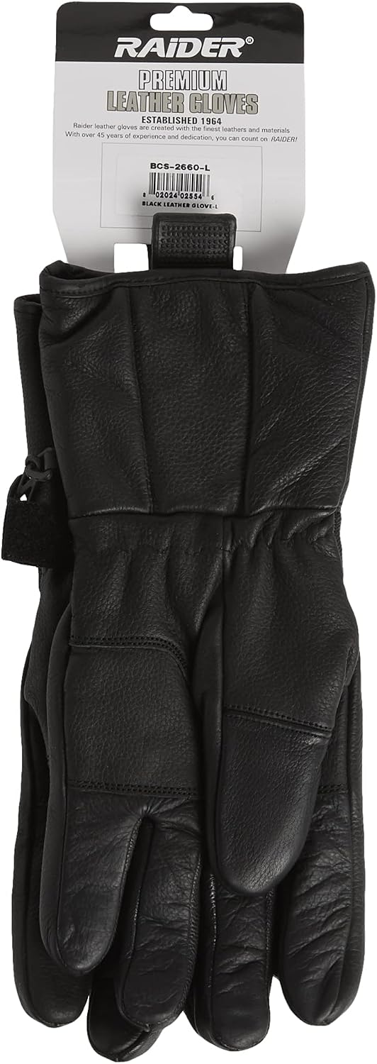 Raider Black Leather Gauntlet Motorcycle Riding Gloves for Men and Women (Size Large)