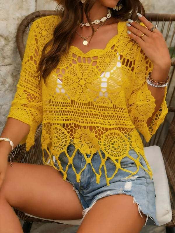 Jersey de punto calado premium para mujer top de ganchillo artesanal 4