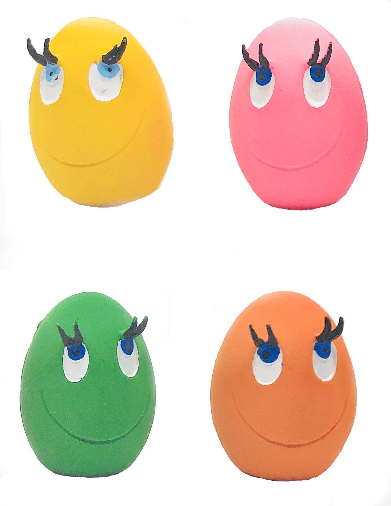 Extra Small Dog Toys with Squeaker (Set of 4). 1.75" W x 1.5" D x 2.25" H. 100% Natural Rubber (Latex). Complies to Same Safety Standards as Children's Toys. Soft, Squeaky, Bouncy. Colors May Vary.