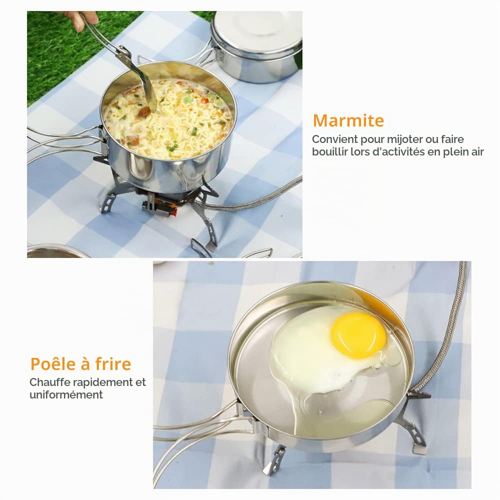 Lixada Kit de Casseroles Camping Batterie de Camping en Acier Inoxydable Set Ustensiles et Casseroles pour la Randonnée la Cuisine