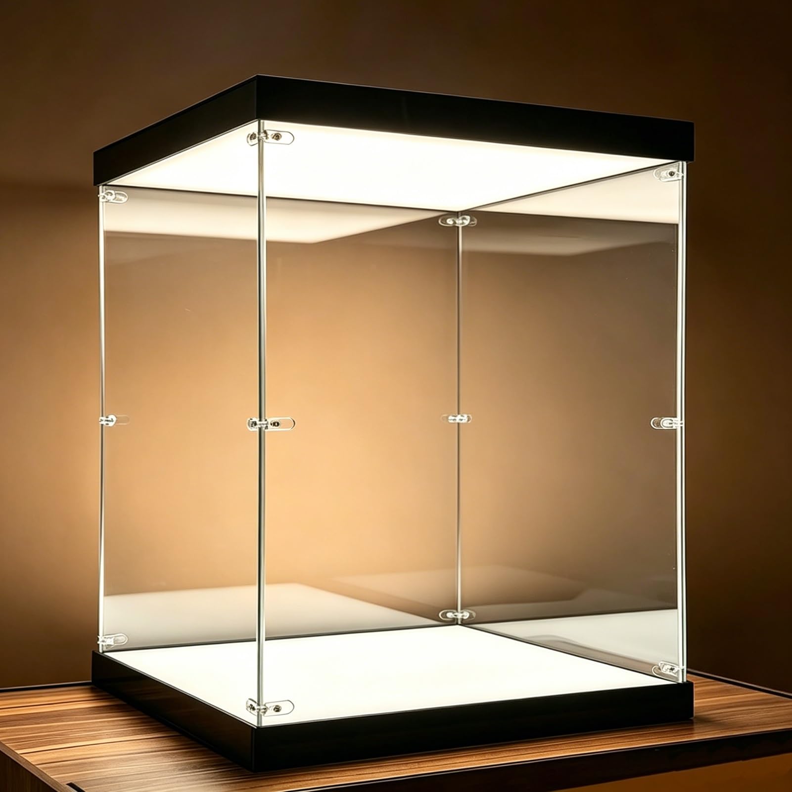 Vetrina Espositiva Vetrina in Acrilico con Doppio LED e Illuminazione Superiore e Inferiore, Teca Trasparente Antipolvere per Oggetti da Collezione(Natural,35x35x35cm)