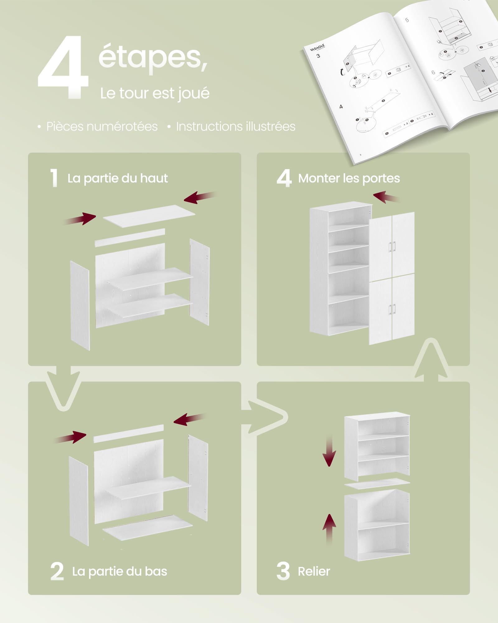 VASAGLE Placard Multifonction 4 Portes, 5 Niveaux, Caisson de Bureau, Meuble de Rangement, Armoire, avec Poignées, en Panneaux d’Aggloméré, 80 x 40 x 180 cm, Blanc Neige OFC083WE01