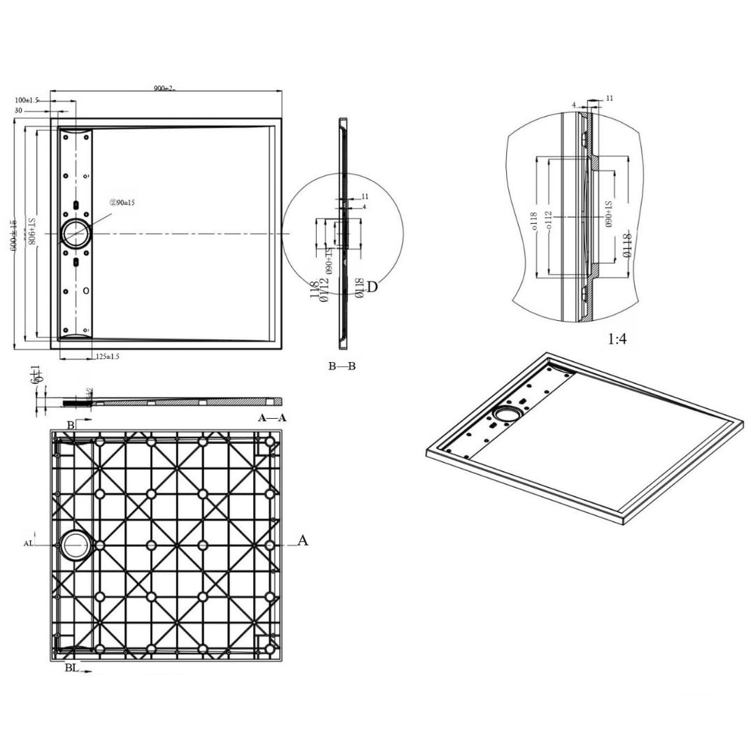 Essebagno Receveur Résine 90 x 90 Façon Ardoise Blanc