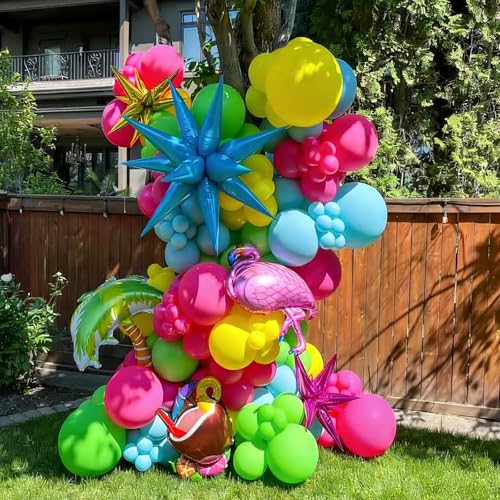 Image of Tropical Balloons, Hawaiian Party Balloons, Hot Pink Orange Teal Green and Yellow Latex Balloon for Summer Birthday Baby Shower Tropical Party Decorations