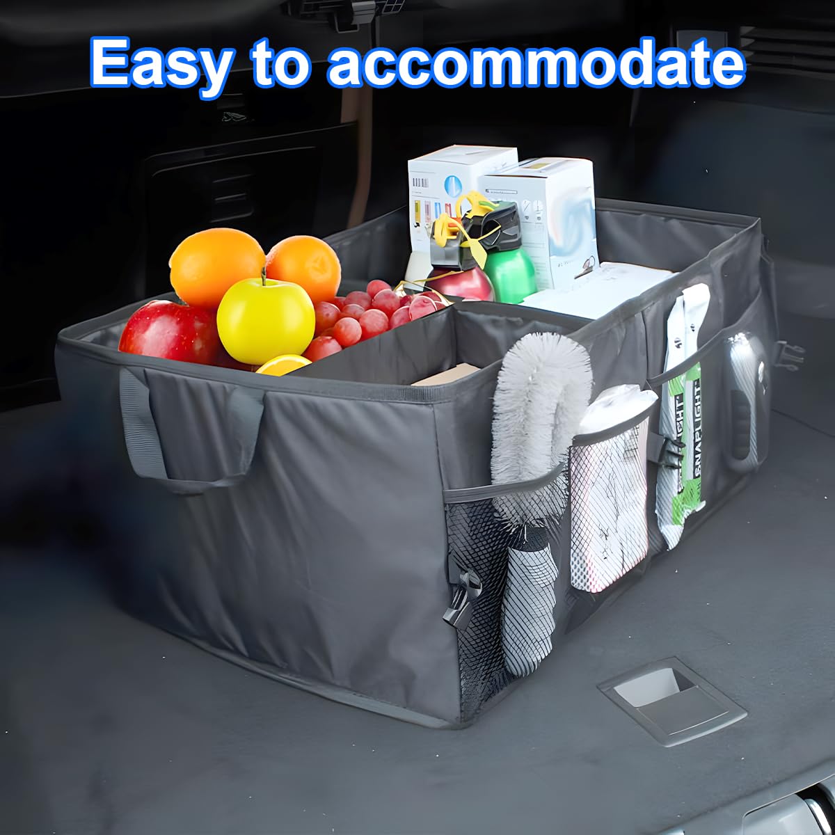 Mandark Car Trunk Organizer, Collapsible Multi Compartment Vehicle Storage Box, Waterproof Adjustable Automotive Organization Container Accessories, Universal for SUV, Sedan, Truck (Black)