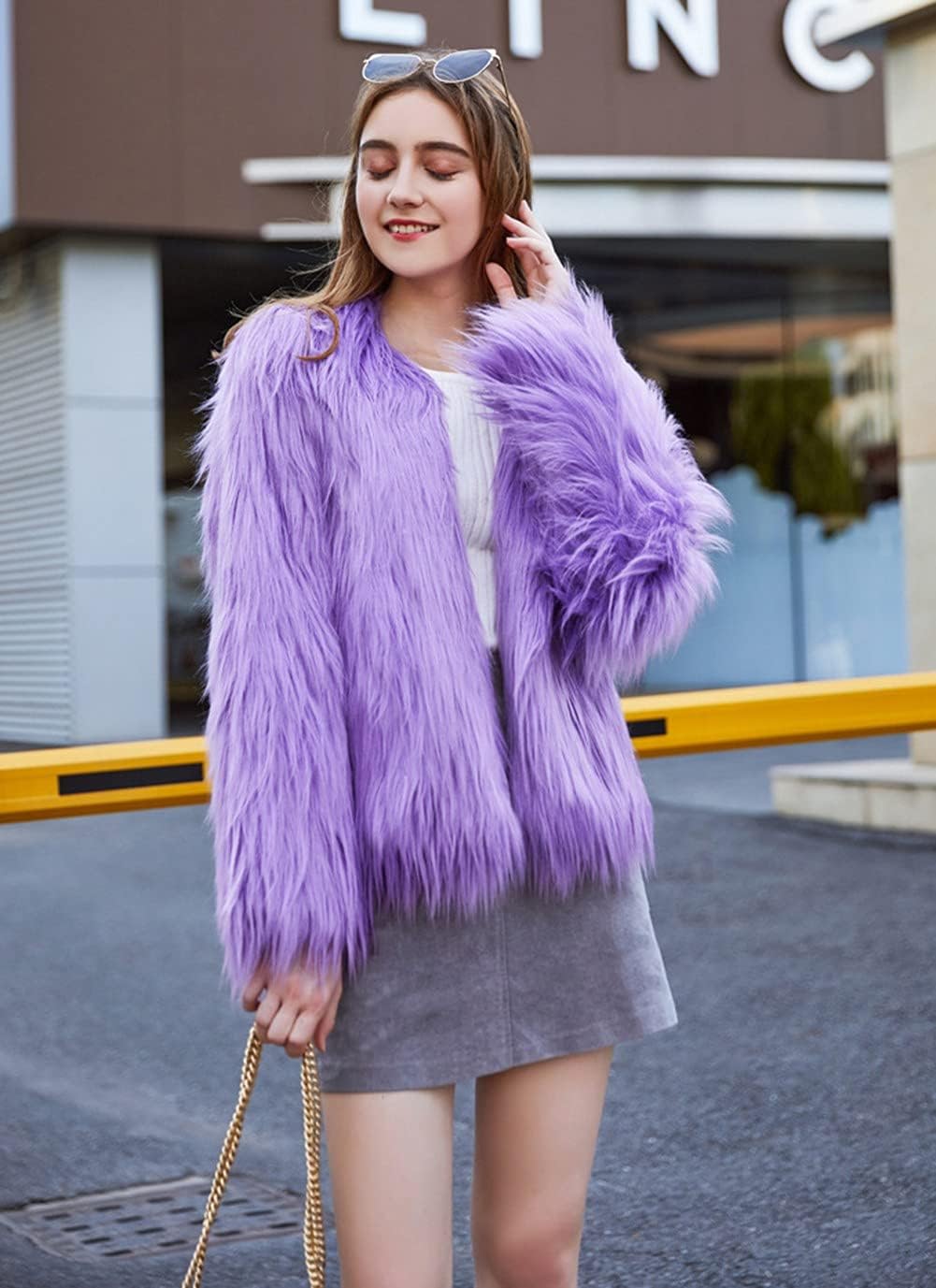 Women's Solid Color Shaggy Faux Fur Coat Long Sleeves Jacket Outerwear Tops - Image 4