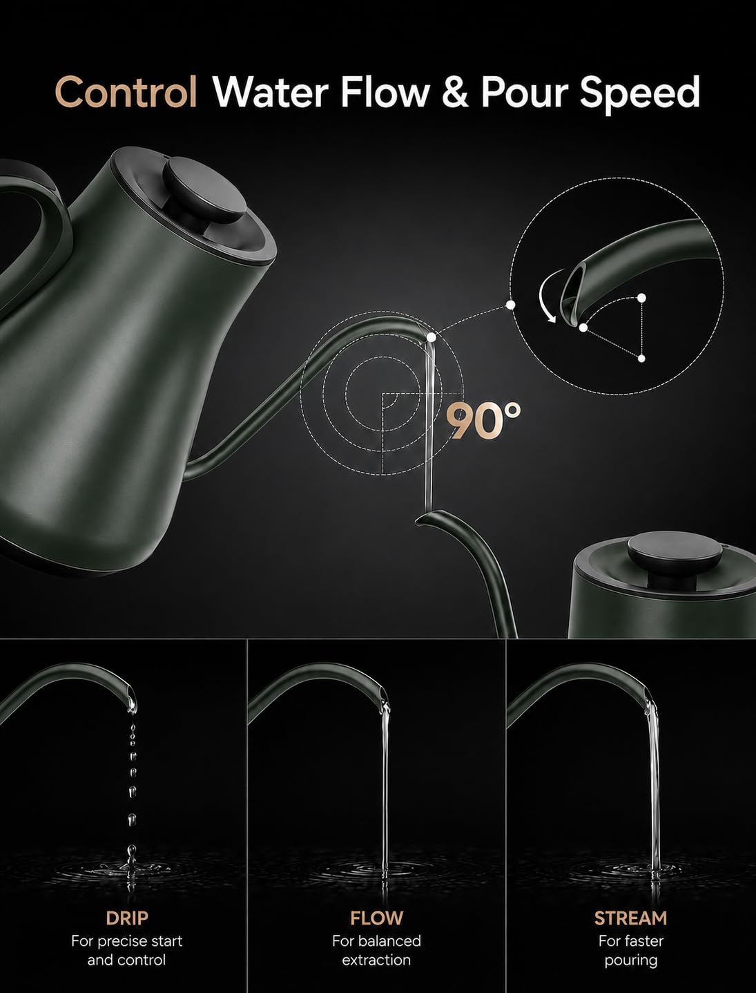 Cocinare FLOW B9 Bollitore elettrico a collo d'oca, controllo preciso della temperatura per versare caffè e tè, interno in acciaio inossidabile, riscaldamento rapido per acqua bollente, 0,9 l, verde