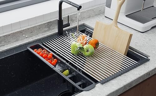 Extra Large Black Expandable Roll Up Dish Drying Rack,Over The Sink Kitchen Rolling up Dish Drainer in Sink, for Kitchen Sink Counter，Foldable Sink Cover with Removable Utensil Holder(13.6\"-25.1\") - Thumbnail 2