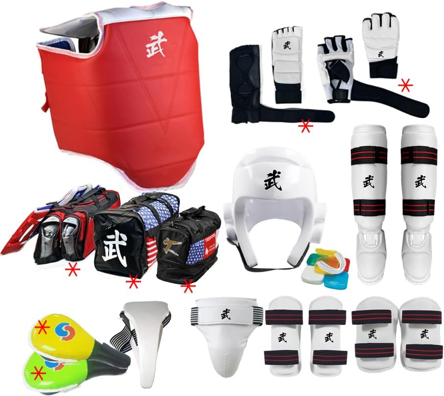 Martial Arts Taekwondo Sparring Gear Equipment Set Headgear Shin Instep Arm Chest with Optional Gears