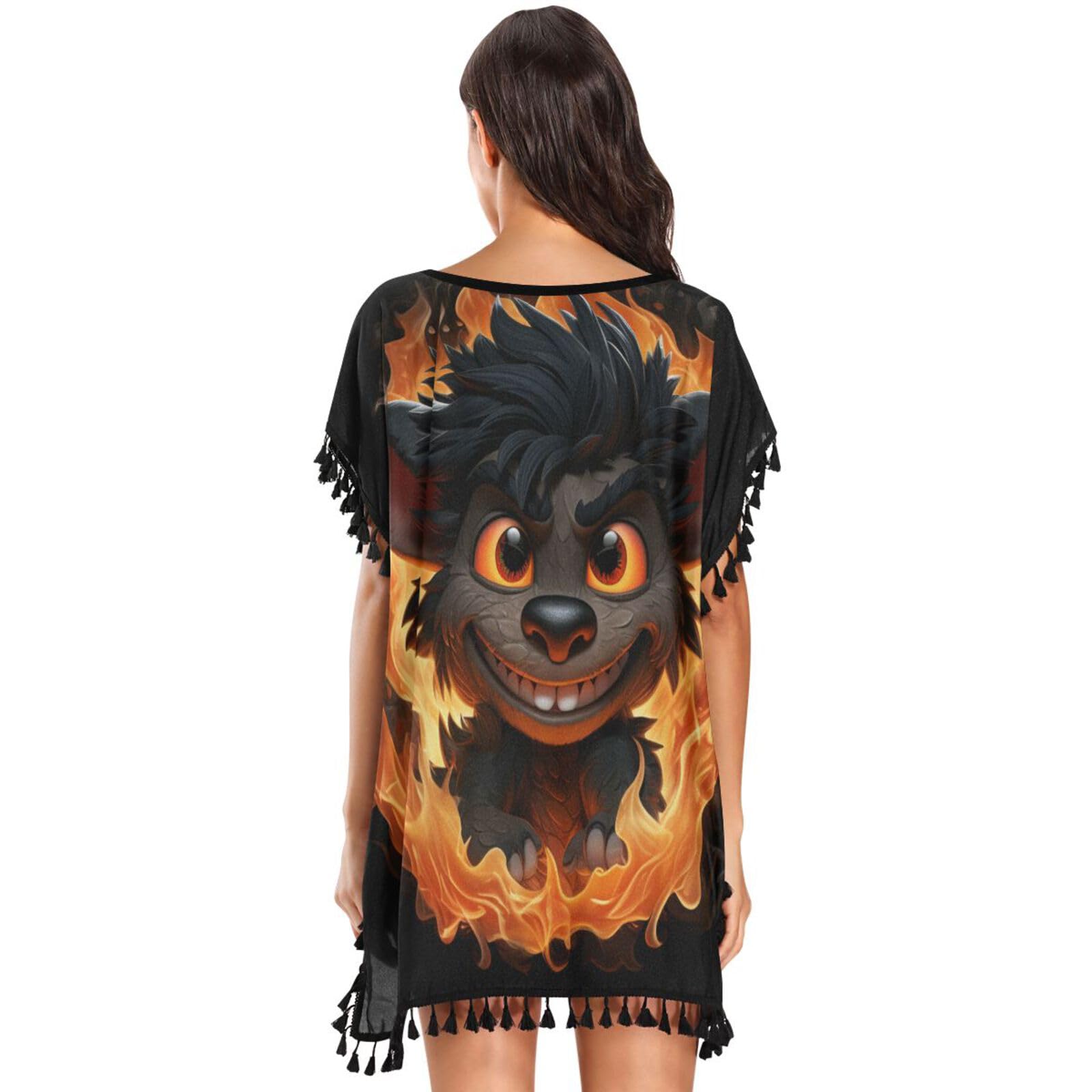 Fire Devil Animal Tasmanian Women's Beach Cover Up Chiffon Tassel Swimwear Swimsuit Coverups for Girl