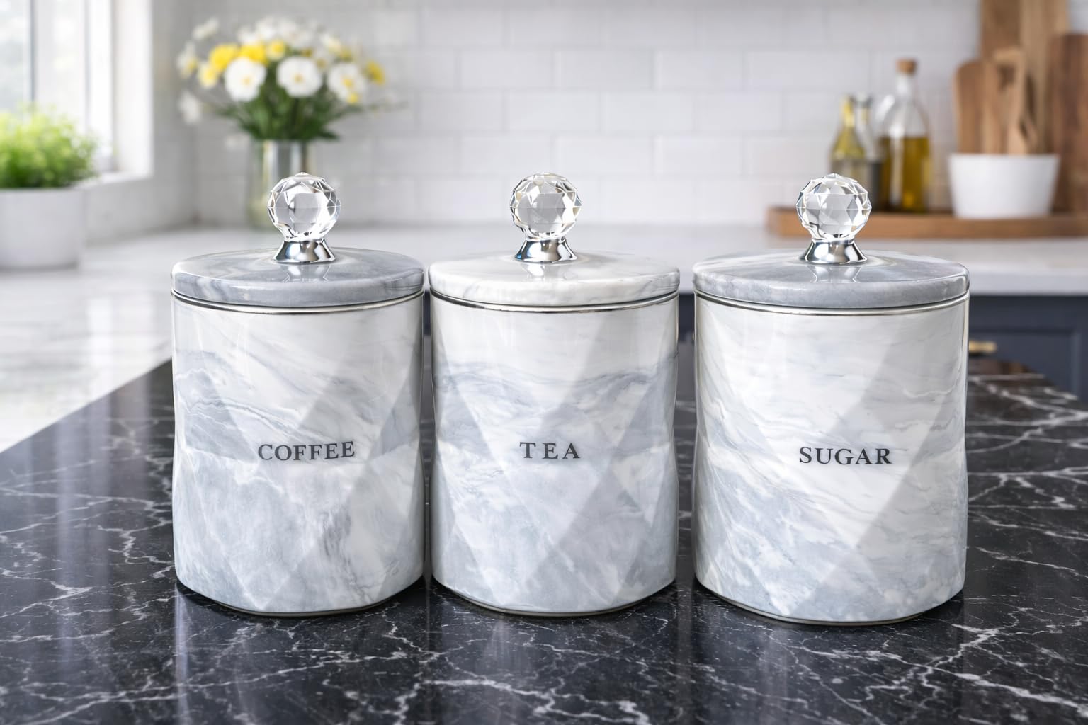 BMLIMITED Tea Coffee Sugar Canister Set of 3 Marble Effect Ceramic Storage Jars Airtight Crystal Lid Kitchen Counter Canisters for Coffee Tea Sugar Modern Kitchen Decor Gift Set