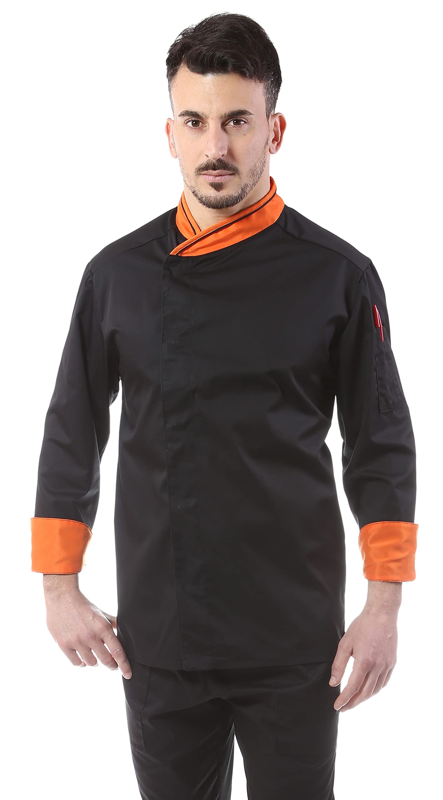 Stoff Astrorino Stickerei gratis – Jacke für Küche und Chef schwarz – orange Profile – Doppelkragen mit Mausschwanz – für Herren – Druckknöpfe – für Restaurant und Küche – Made in Italy Schwarz Nera