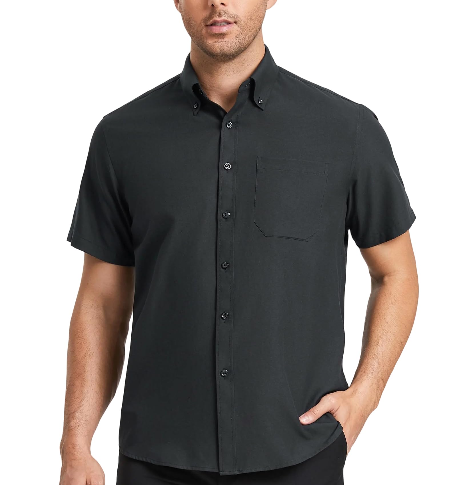 HISDERN Mens Short Sleeve Dress Shirts Oxford Solid Casual Button Dwon Collar Shirt with Pocket Regular Fit Business