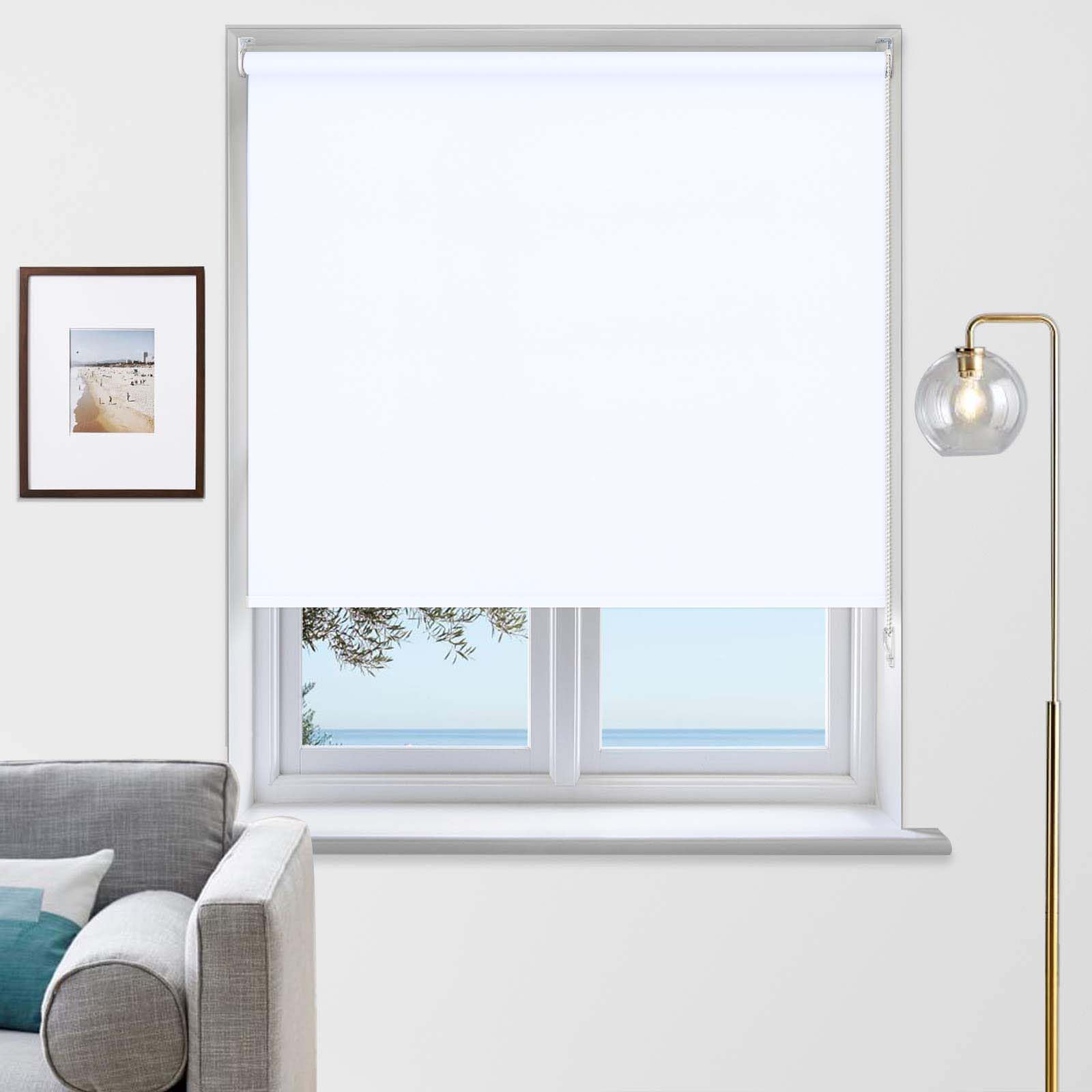 Rehan & Co Thermal Insulated Blackout Fabric Roller Blinds, Easy Fit Child Safe Trimmable UV Protection Home Office Window Blinds, White Blind (210cm Width X 210cm drop)