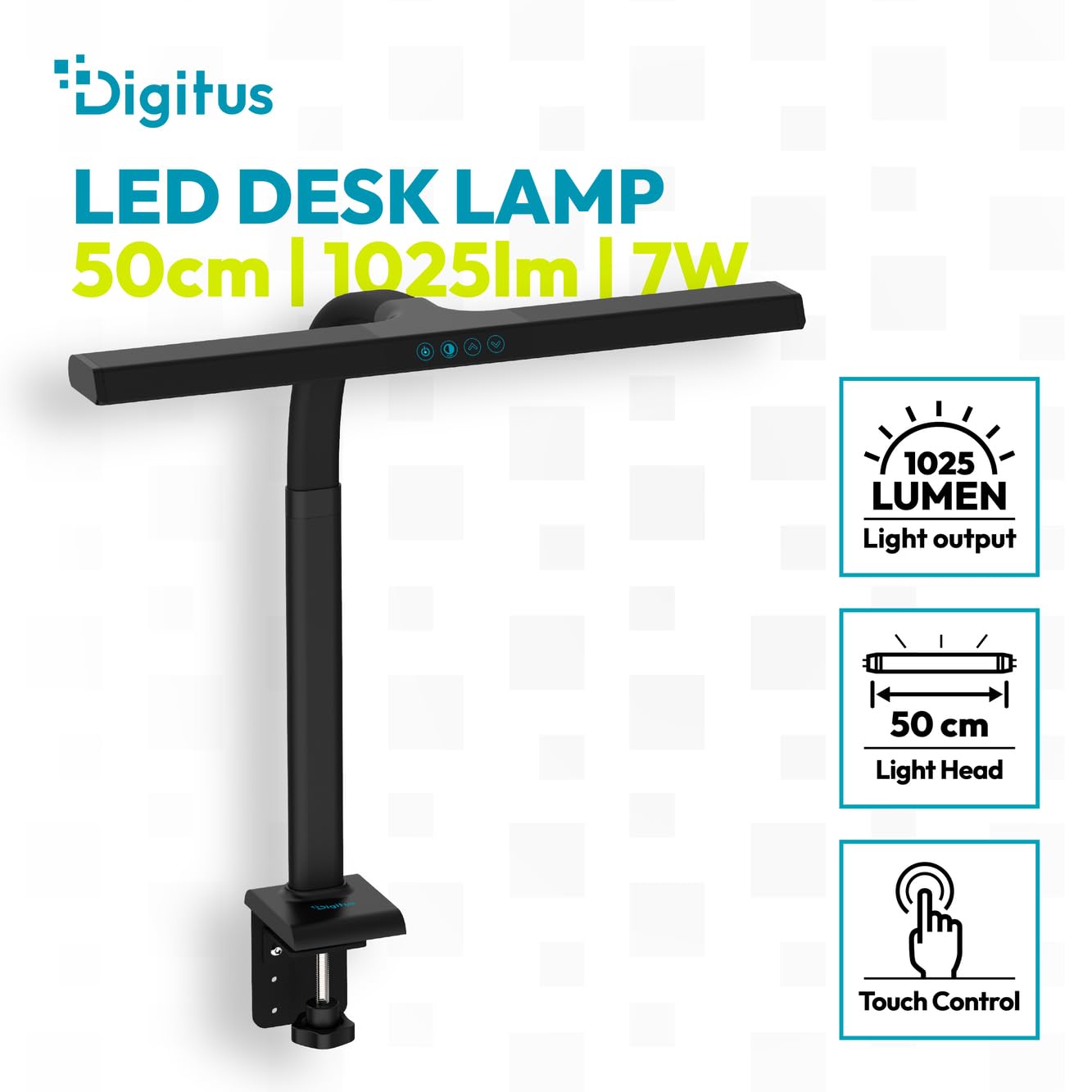Digitus Lampada da scrivania a LED – 1025 lumen – Larghezza 50 cm – 7 W | 1000 lux – Temperatura di colore a 4 livelli – Regolabile – Controllo touch – Braccio flessibile – Base a morsetto – Nero