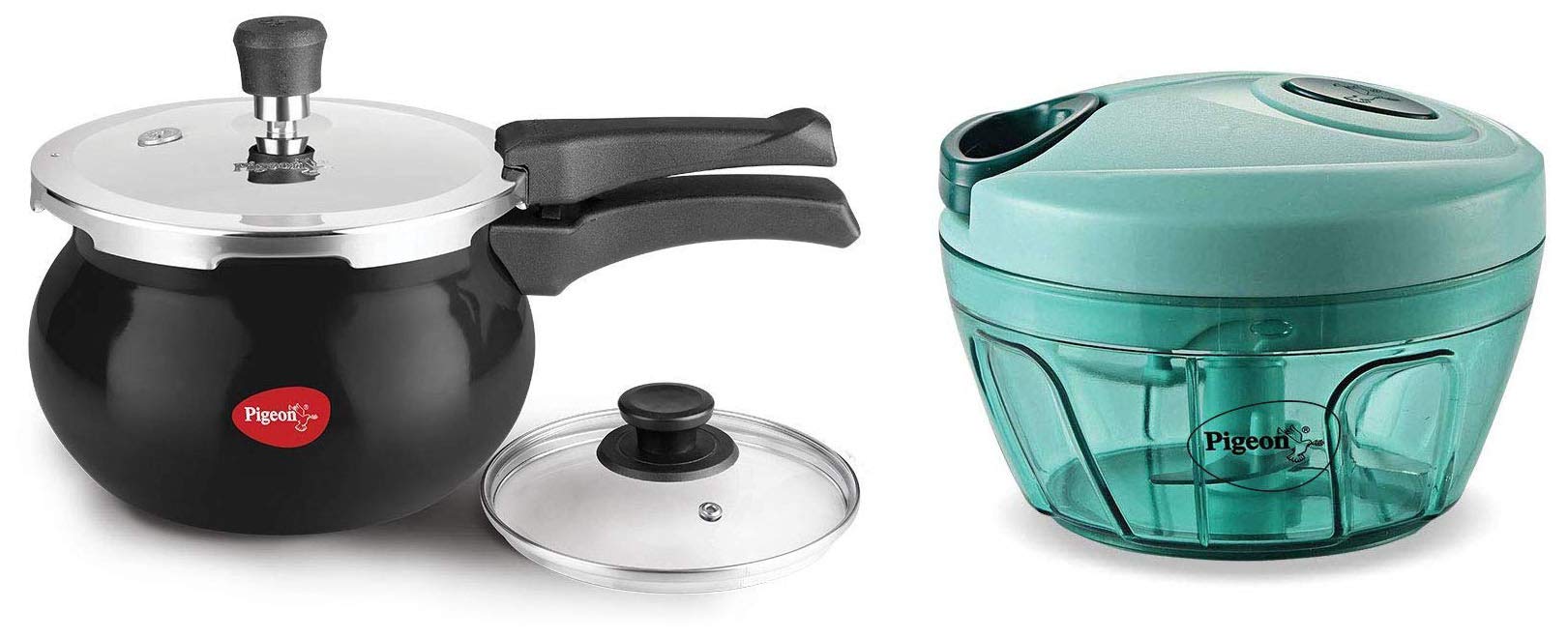 Pigeon by Stovekraft New Handy Mini Plastic Chopper with 3 Blades, Green & Pigeon by Stovekraft 12639 Titanium Hard Anodised Aluminium Handi Pressure Cooker, 3 litres, Black