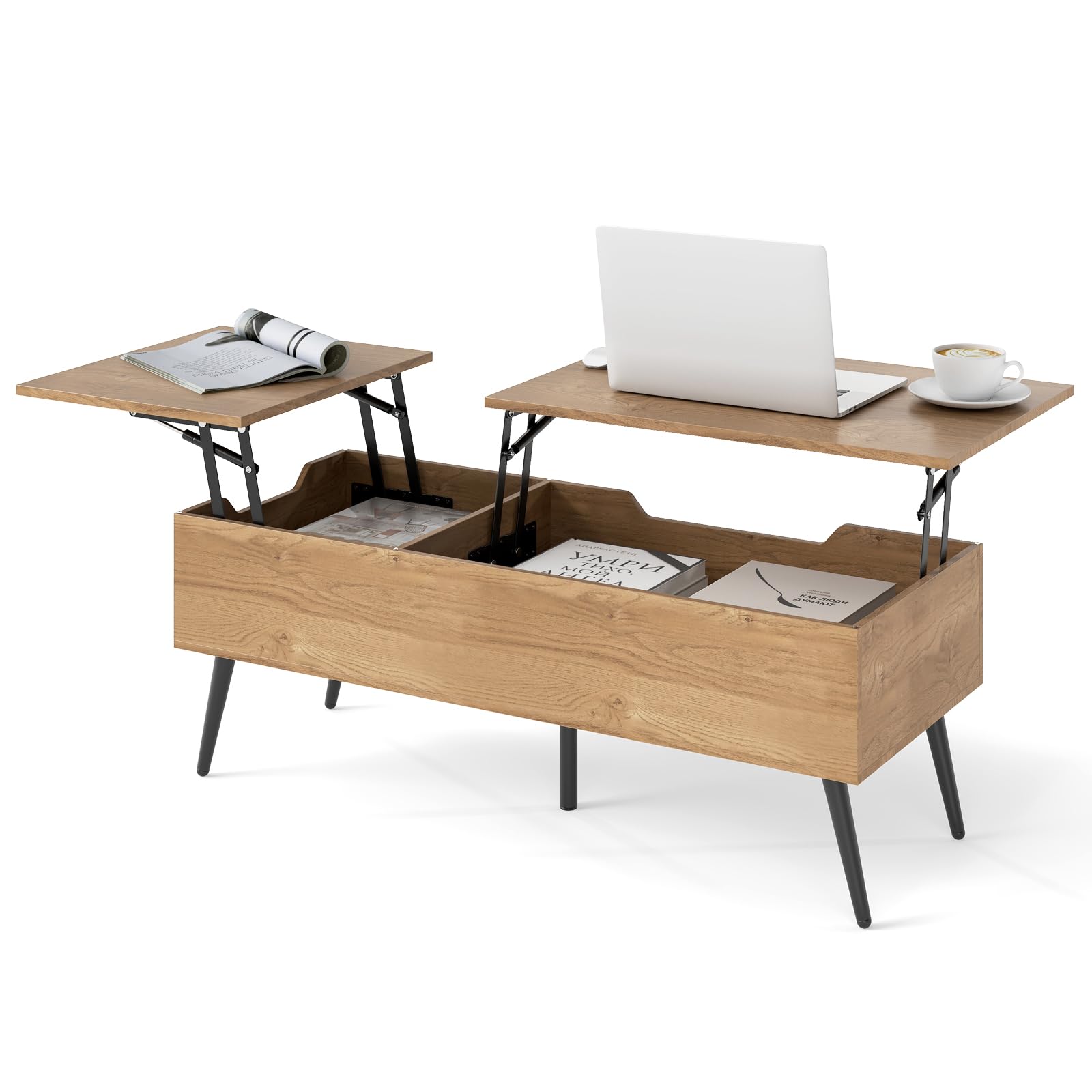 COSTWAY Lift Up Top Coffee Table, Wooden Double Lifting Cocktail Center Table with Hidden Storage Compartments, 5 Metal Legs Rectangle Accent Sofa Side Tea Tables for Living Room Office (Natural)
