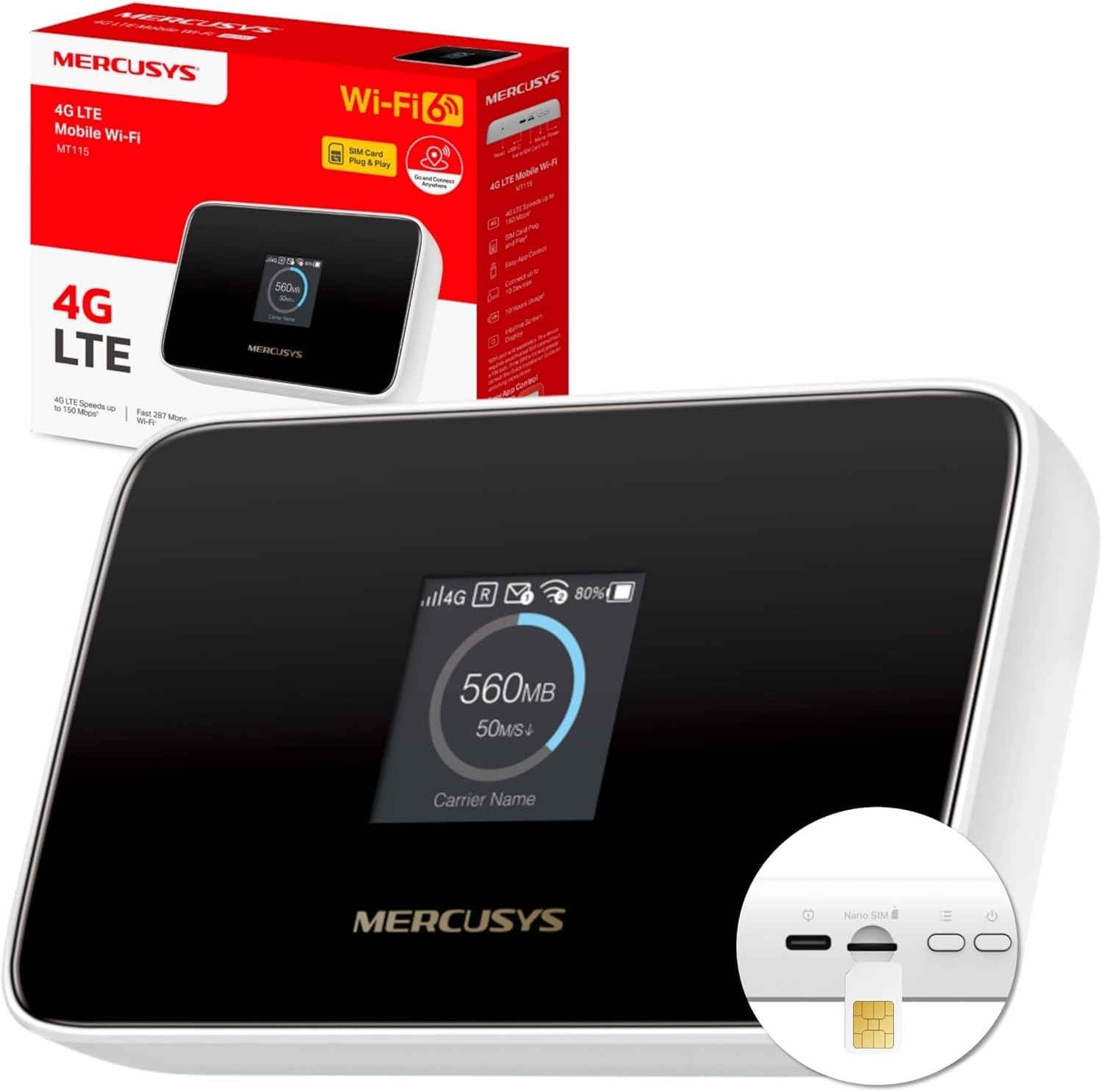 Mercusys MT115 Router WiFi portátil para Viajes con Tarjeta SIM sin Contrato, 4G LTE 150 Mbps, Wi-Fi 6 AX300, hasta 10 Dispositivos, batería de 2400 mAh, hasta 10 Horas de autonomía