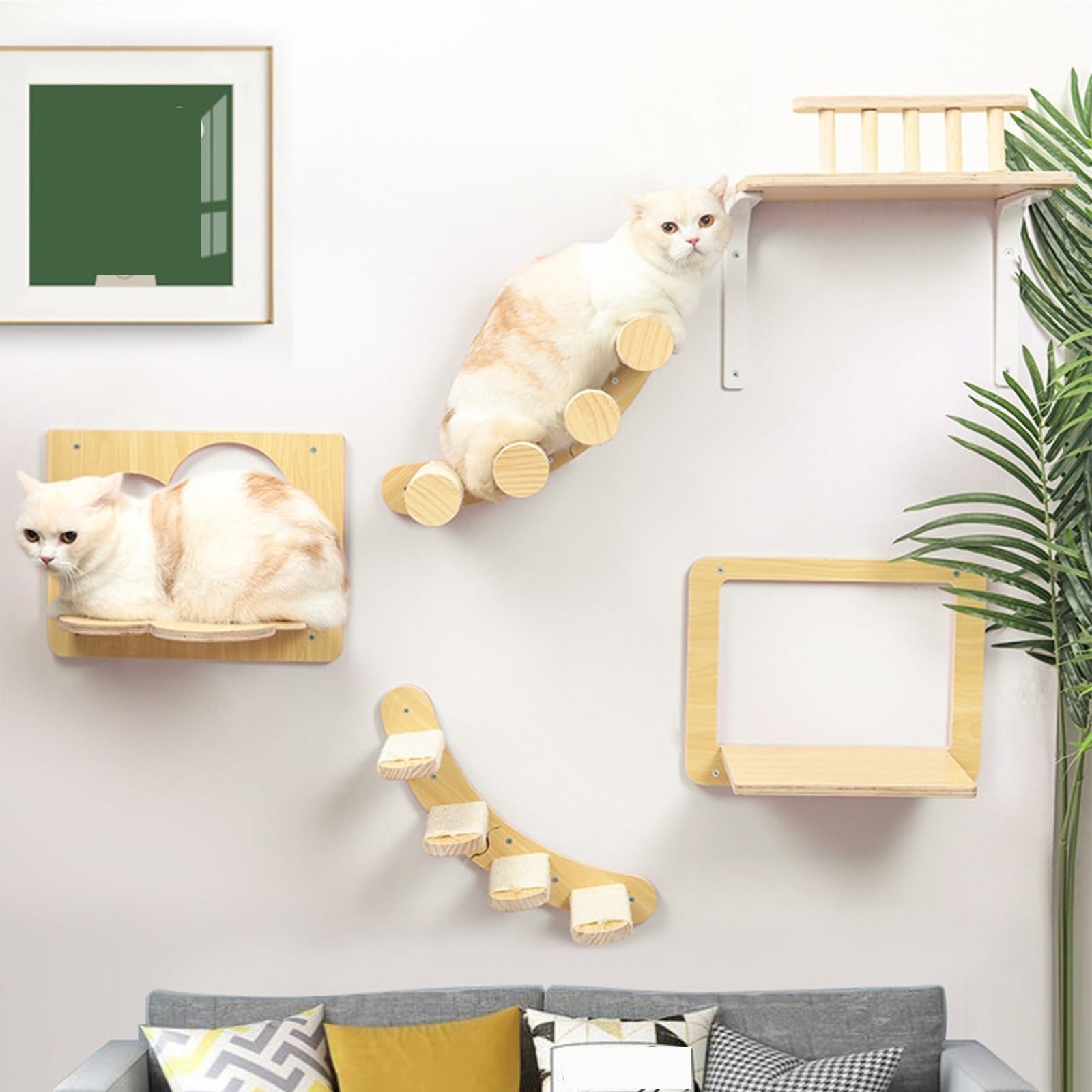 Albero per Gatti, Set di Tiragraffi da Parete, Parete da Arrampicata in Legno da 4 Pezzi con Rivestimento in Peluche Salvaspazio per Dormire e Giocare