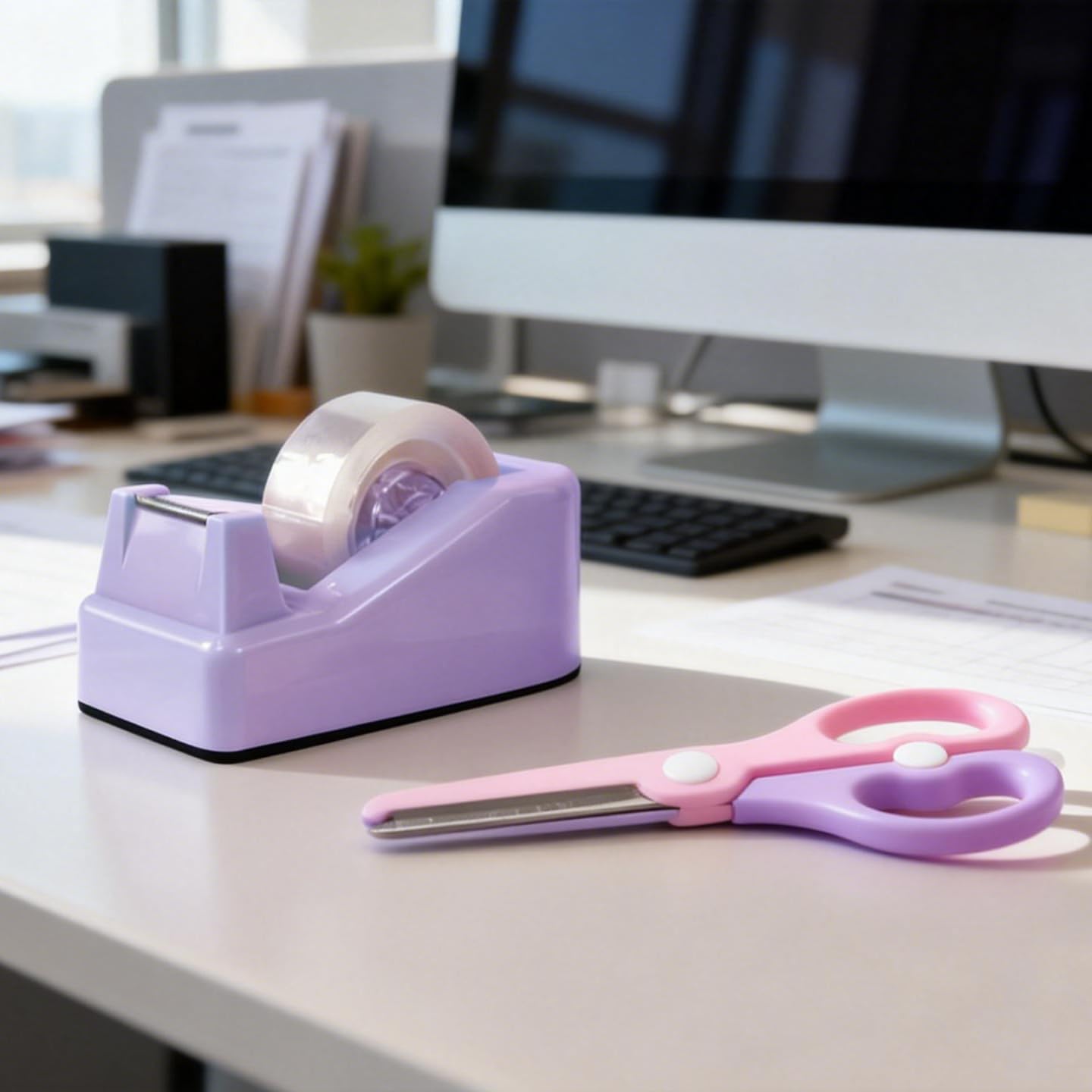 XEUZK Kits de dispensador de cinta de escritorio con dispensador de cinta antideslizante con peso, incluye 9 rollos de cinta transparente (0.71 pulgadas x 500 pulgadas cada uno) y tijeras rosas, 2