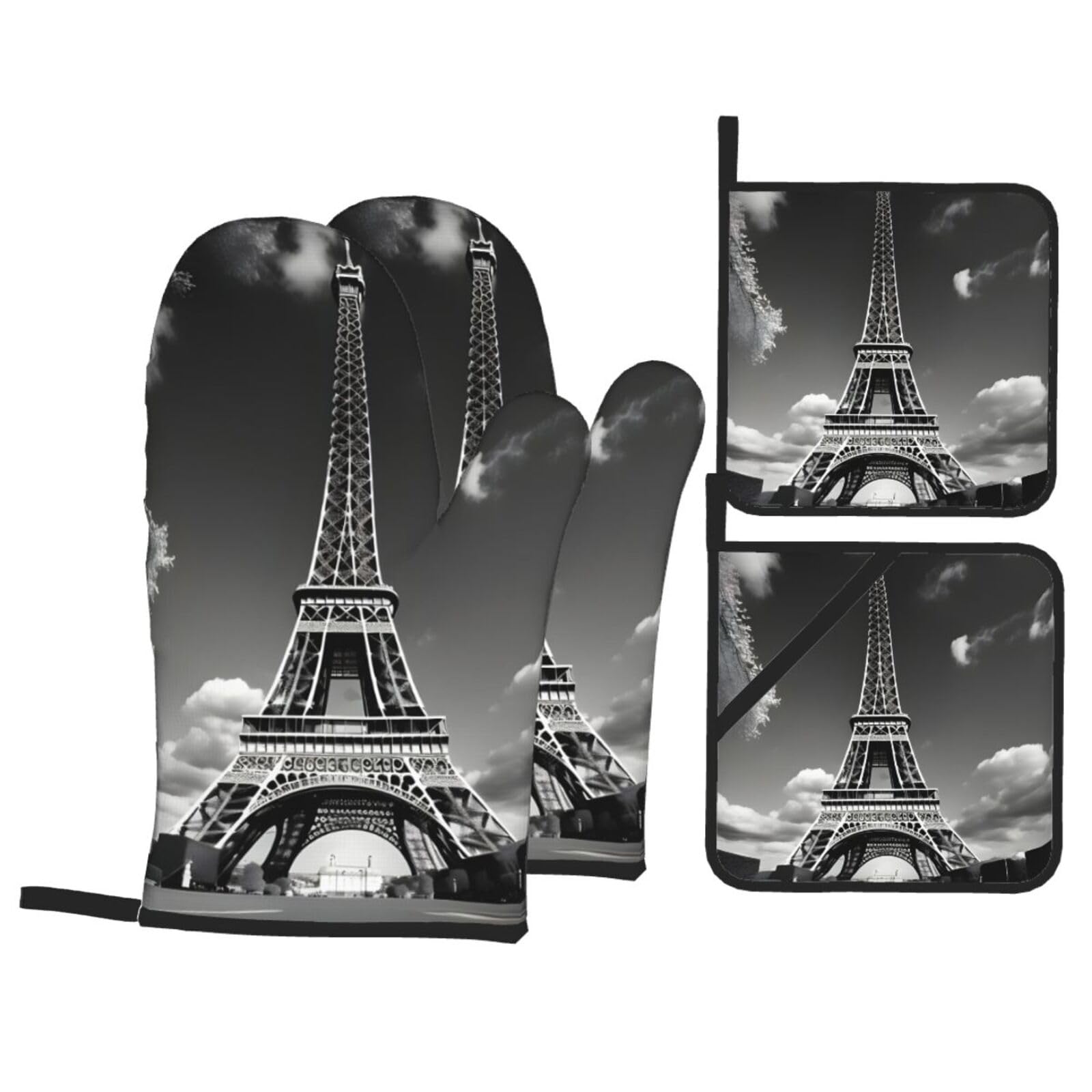 Paris Eiffel Tower and Cloud Print 4-Piece Oven Microwaving Set Kitchen Gloves for Holiday Cooking Baking Grilling