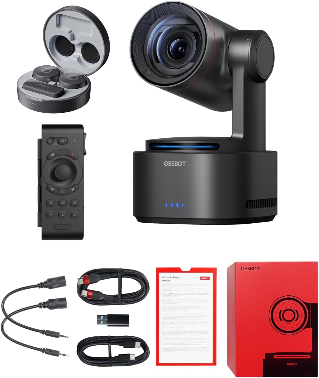 OBSBOT Tail 2 PTZR NDI Camera Bundle with Vox Wireless Mircrophone & Remote Controller, Pro AI Tracking, 1/1.5" CMOS, 50MP, 5X Optical Zoom, 12X Hybrid Zoom, SDI/HDMI/IP/USB 3.0 Output, Live Streaming