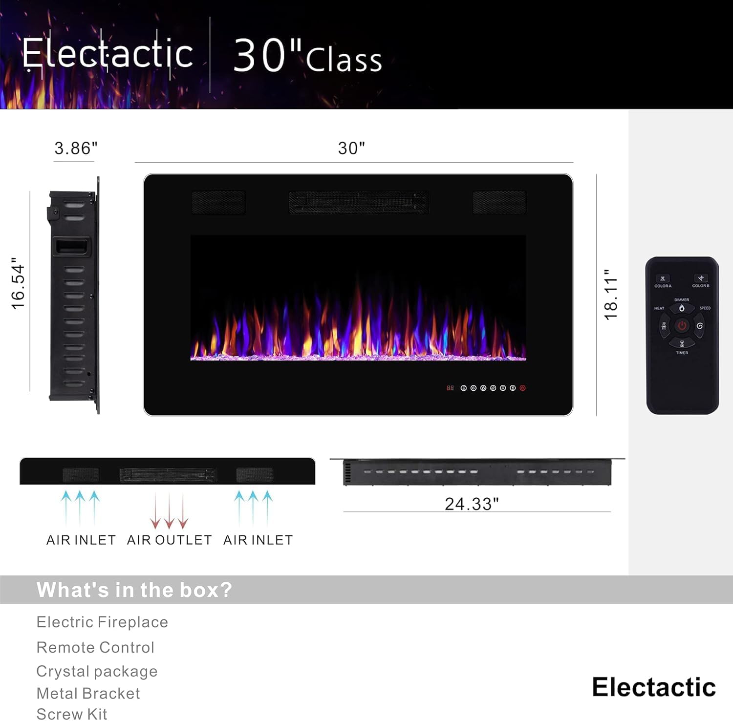 Electactic 30 Inch Electric Fireplace Insert Ultra-Thin - Recessed & Wall-Mounted Fireplace Heater with Thermostat, Adjustable Flame, Remote Control - Linear with Timer, Touch Screen, 750/1500W