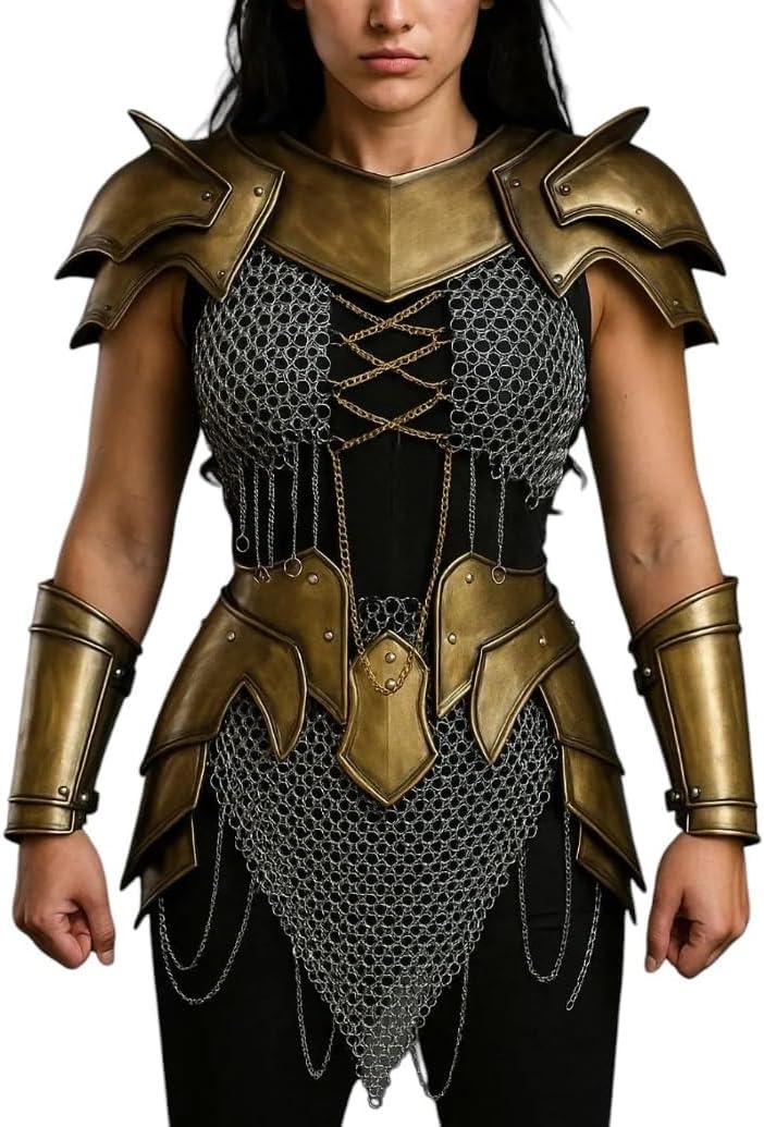 Medieval Brave Lady Armor Chainmail Tasset & Top With Gorget & Pair Of Pauldron-Brass Arm Braces-Female Chainmail Body Armor Suit For LARP, Cosplay Event's, Fantasy & Halloween Party Costume