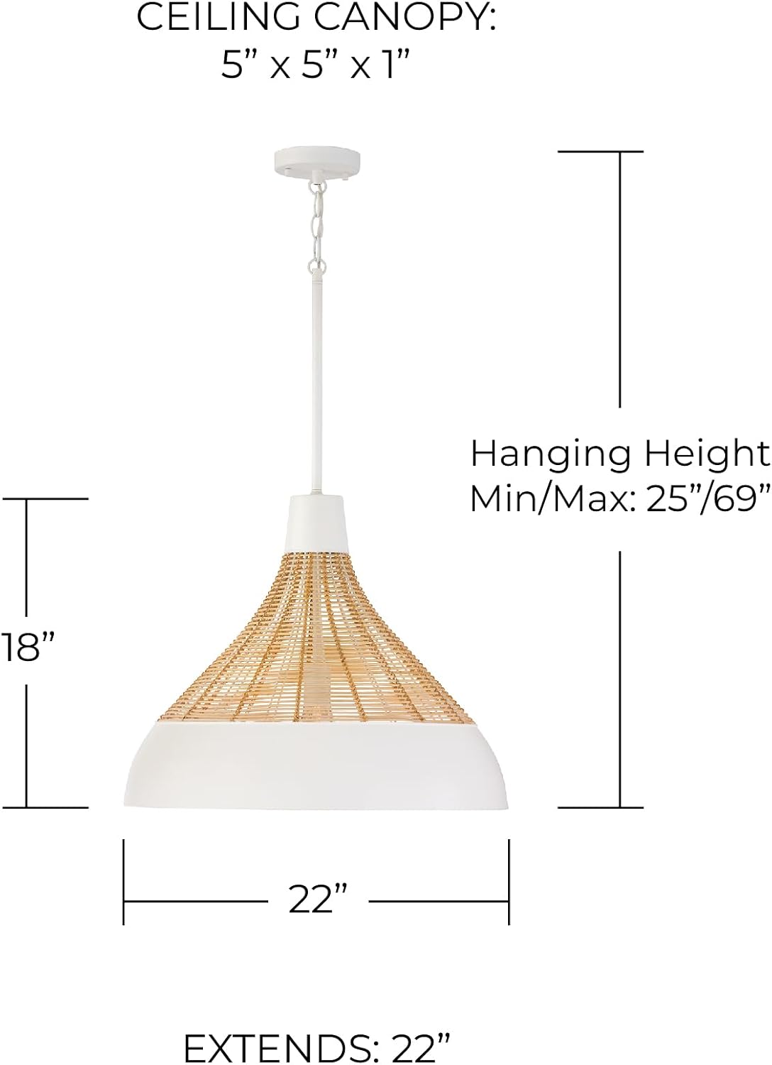 Capital Lighting 353912WE Kali Modern Hand-Wrapped Natural Rattan with Metal Conical Pendant Ceiling Light, 1-Light 100 Watt, 18" H x 22" W, Matte White