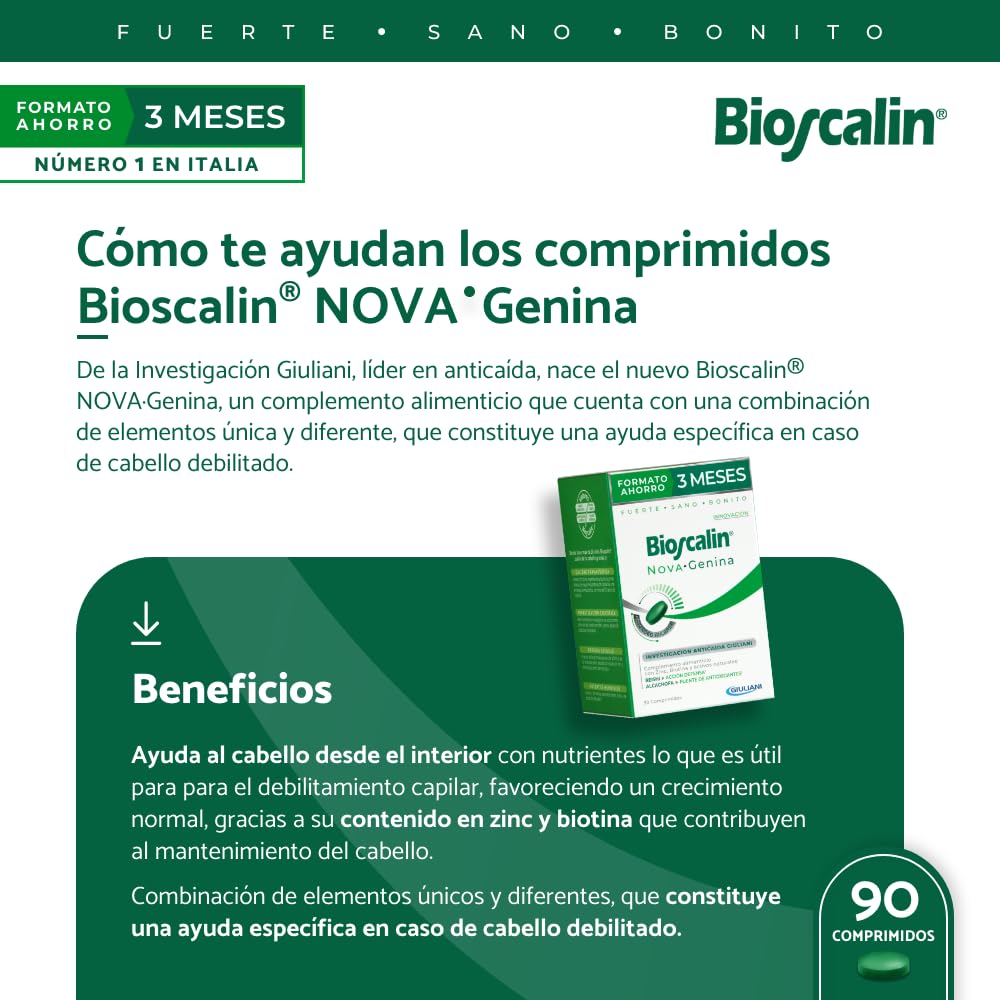 Bioscalin - NOVA·Genina 90 Comprimidos - Tratamiento para Fuerza, Volumen y Brillo Capilar - Con Zinc, Biotina y Tecnología de Liberación Gradual - Suministro para 3 Meses Completos