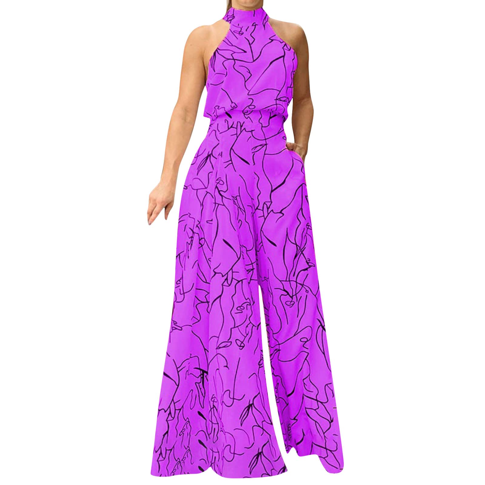 Sunnyuk Mono Mujer Verano Pantalones Anchos de Rectos Mono Color Sólido Elegante Largo 2023 Monos de Vestir Verano Casuales Jumpsuits Playsuit Fiesta de Noche Talla Grande Peto Sin Mangas