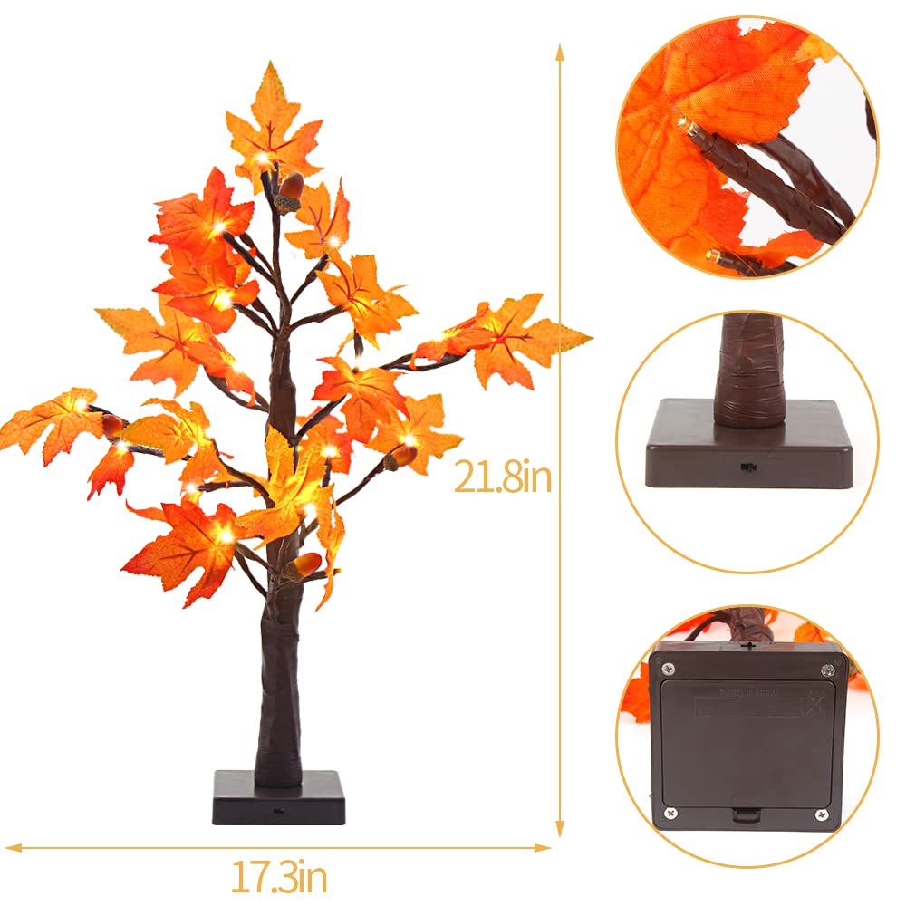 STEFORD 22 Inches Artificial Fall Lighted Maple Tree with 24 LED Lights Battery Operated Autumn Tabletop Light Up Maple Leaf Tree for Thanksgiving Autumn Harvest Indoor Home Decorations