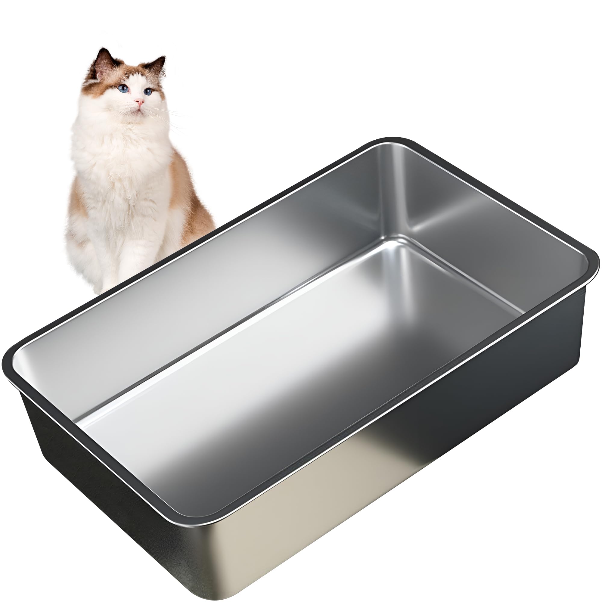 Vealind Lettiera per gatti in acciaio inox, resistente, 45 x 35 x 15 cm, superficie antiaderente in metallo, anti-perdite, facile da pulire, con apertura superiore grande